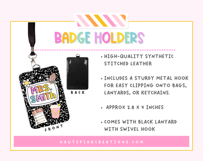 Badge holder with 'Mrs. Smith' design on a pink background, featuring text about product details.