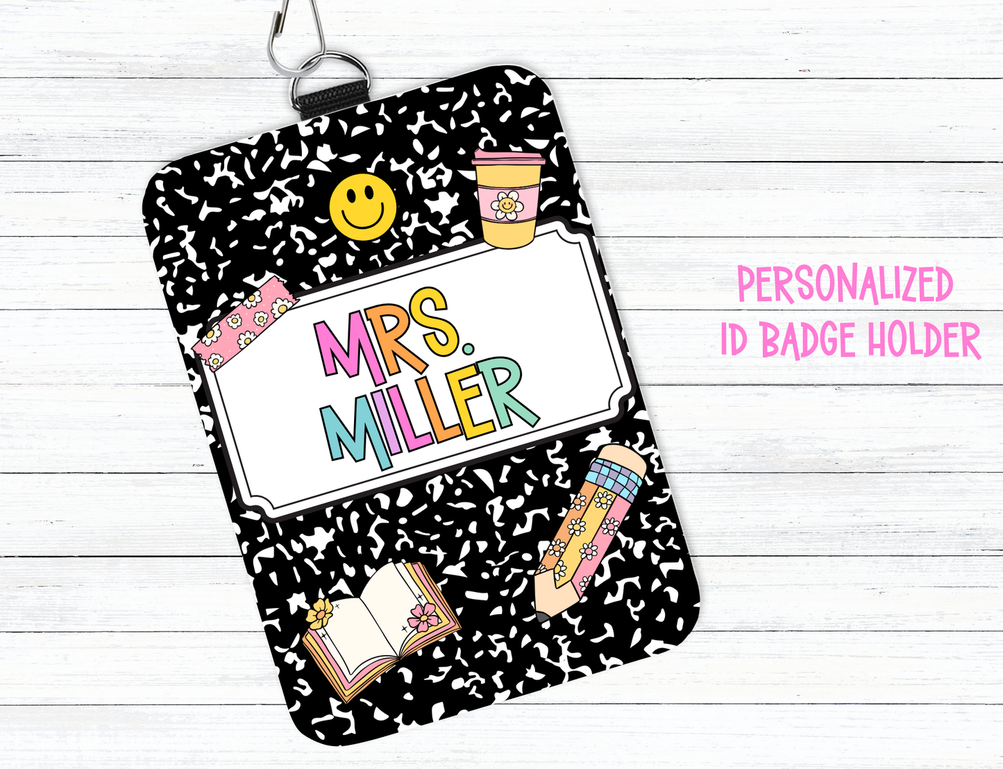 Personalized Teacher ID Badge Holder – Composition Notebook Design with Lanyard