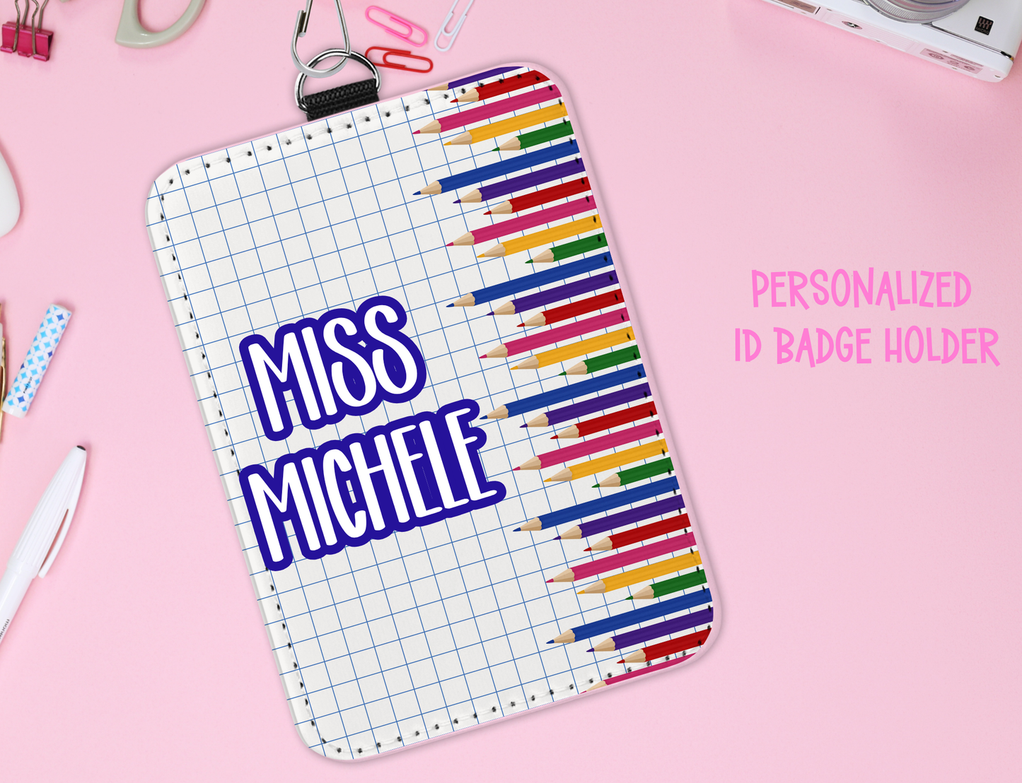 Personalized Teacher ID Badge Holder with Colorful Design and Lanyard