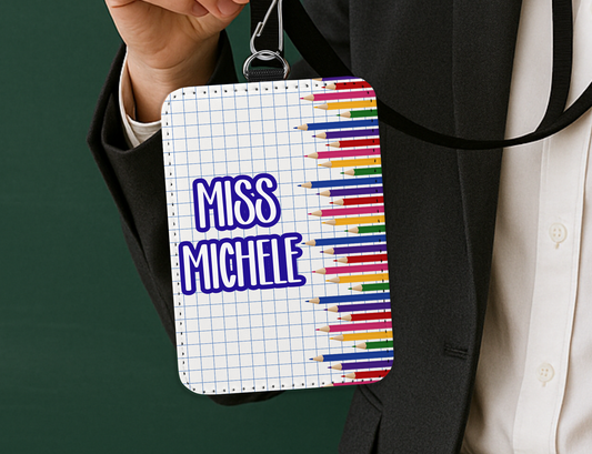 Personalized Teacher ID Badge Holder with Colorful Design and Lanyard