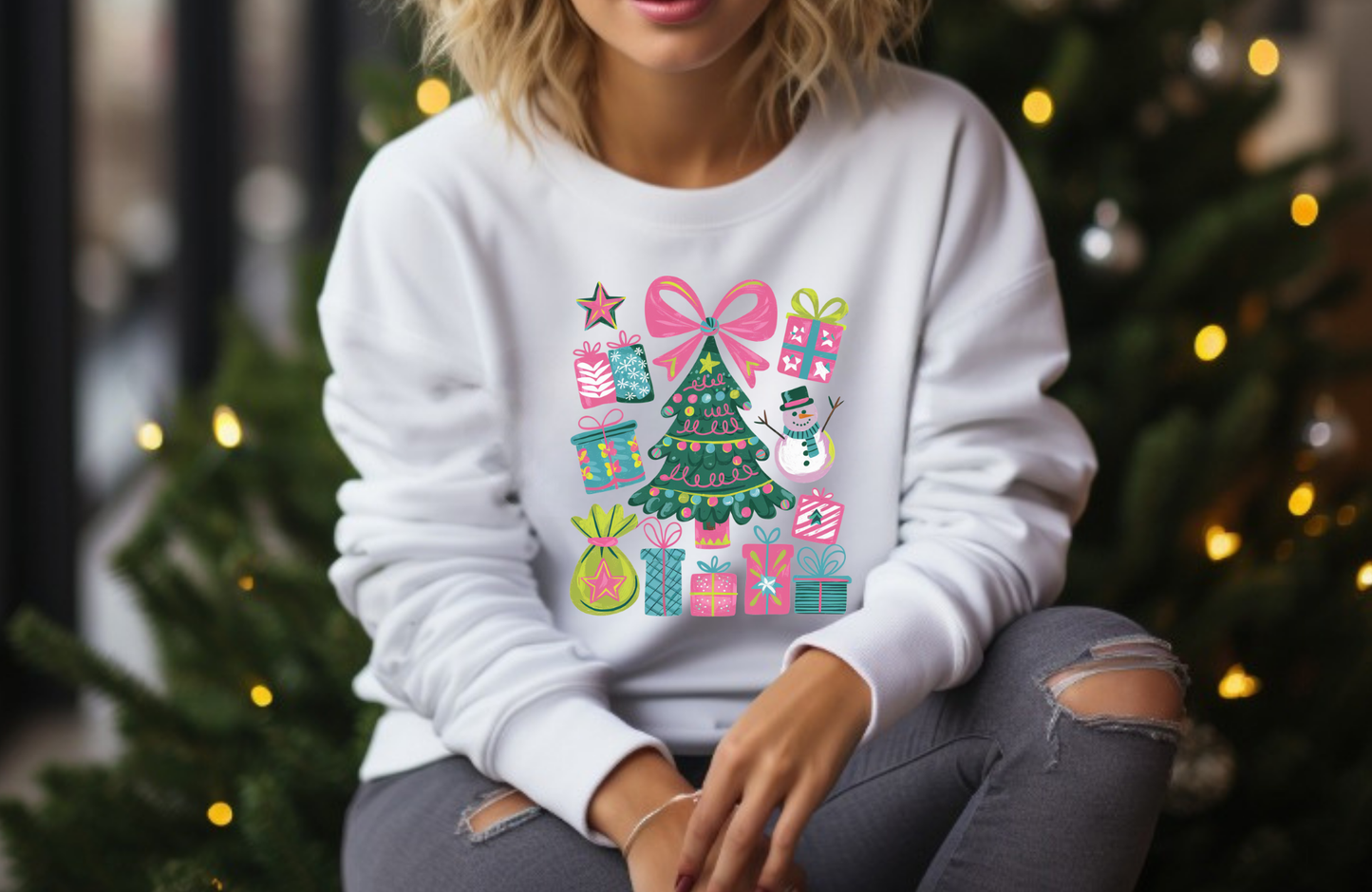 Pink Preppy Christmas Sweatshirt – Gildan 18000 Holiday Crewneck