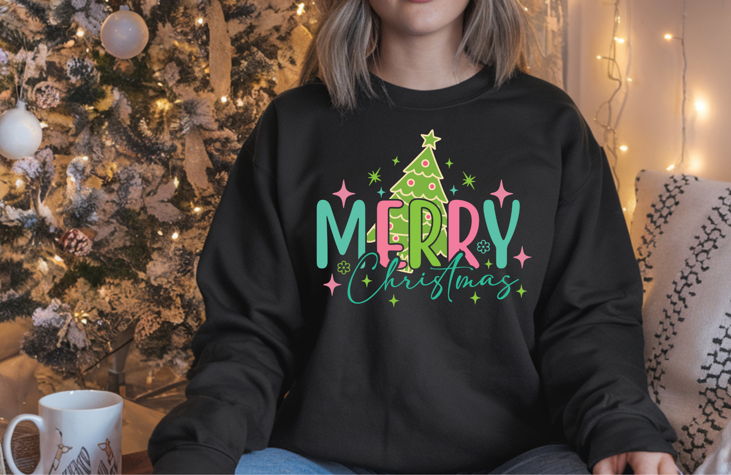 Merry Christmas Sweatshirt – Bright Pink & Green Holiday Crewneck | Gildan 18000 Cozy Christmas Pullover