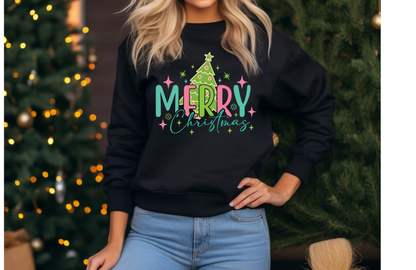Merry Christmas Sweatshirt – Bright Pink & Green Holiday Crewneck | Gildan 18000 Cozy Christmas Pullover