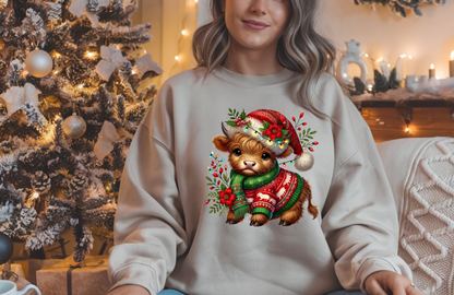 Christmas Highland Cow Sweatshirt | Cute Holiday Farmhouse Crewneck