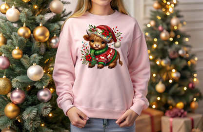 Christmas Highland Cow Sweatshirt | Cute Holiday Farmhouse Crewneck