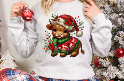 Christmas Highland Cow Sweatshirt | Cute Holiday Farmhouse Crewneck
