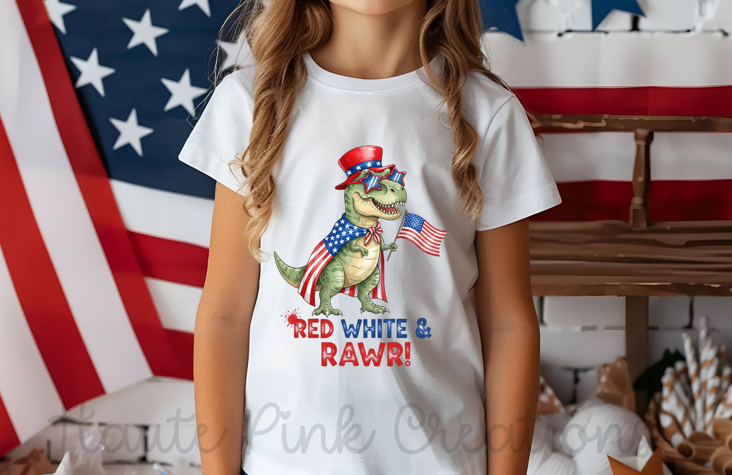 Red, White, and RAWR Kids Tee – Patriotic Dinosaur Graphic on Youth Bella + Canvas Shirt