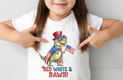 Red, White, and RAWR Kids Tee – Patriotic Dinosaur Graphic on Youth Bella + Canvas Shirt