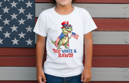 Red, White, and RAWR Kids Tee – Patriotic Dinosaur Graphic on Youth Bella + Canvas Shirt