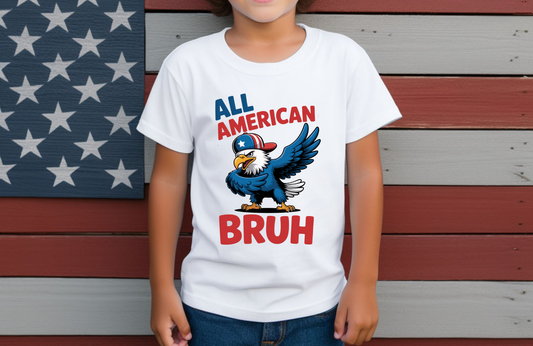 All American Bruh Kids Tee – Funny Cartoon Eagle Graphic on Youth Bella + Canvas Shirt