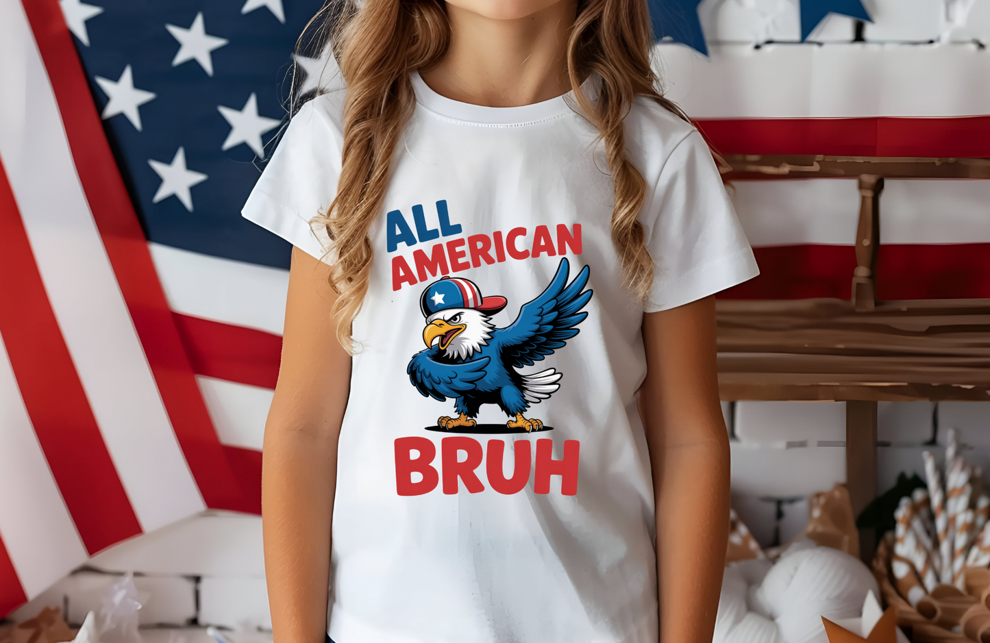 All American Bruh Kids Tee – Funny Cartoon Eagle Graphic on Youth Bella + Canvas Shirt