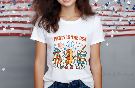 Party in the USA Kids Tee – Cute Hot Dog, Drink & Firework Graphic on Youth Bella + Canvas Shirt