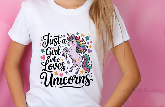 Just a Girl Who Loves Unicorns Kids Tee – Youth Bella + Canvas Unicorn Shirt