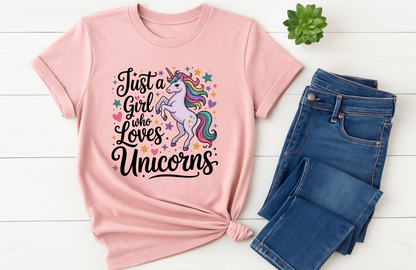 Just a Girl Who Loves Unicorns Kids Tee – Youth Bella + Canvas Unicorn Shirt