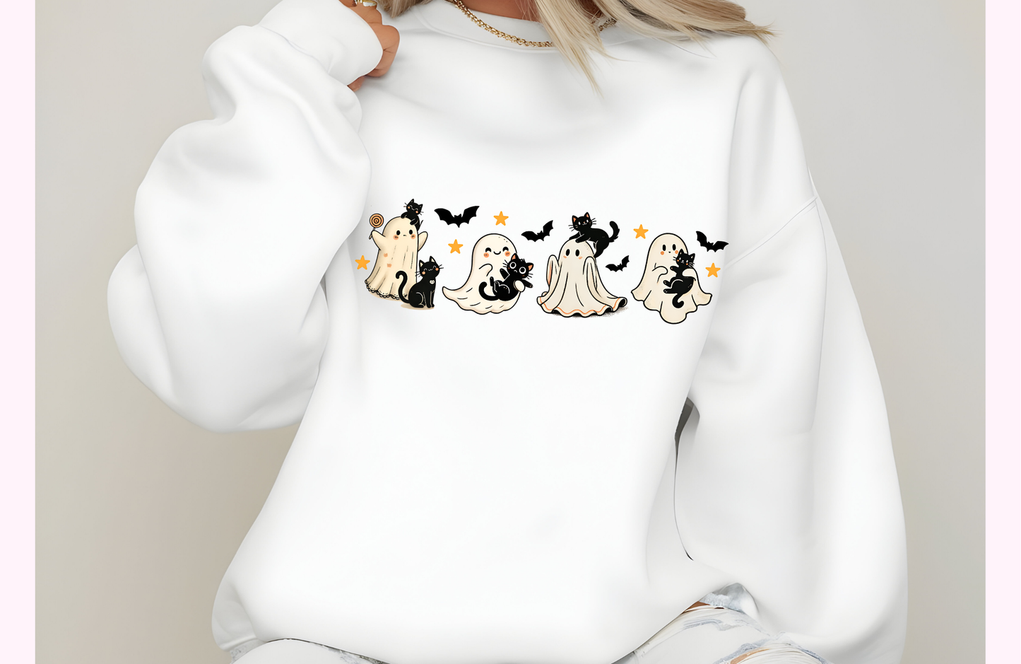 Cute Ghosts and Cats Sweatshirt – Gildan 18000 Unisex Halloween Crewneck