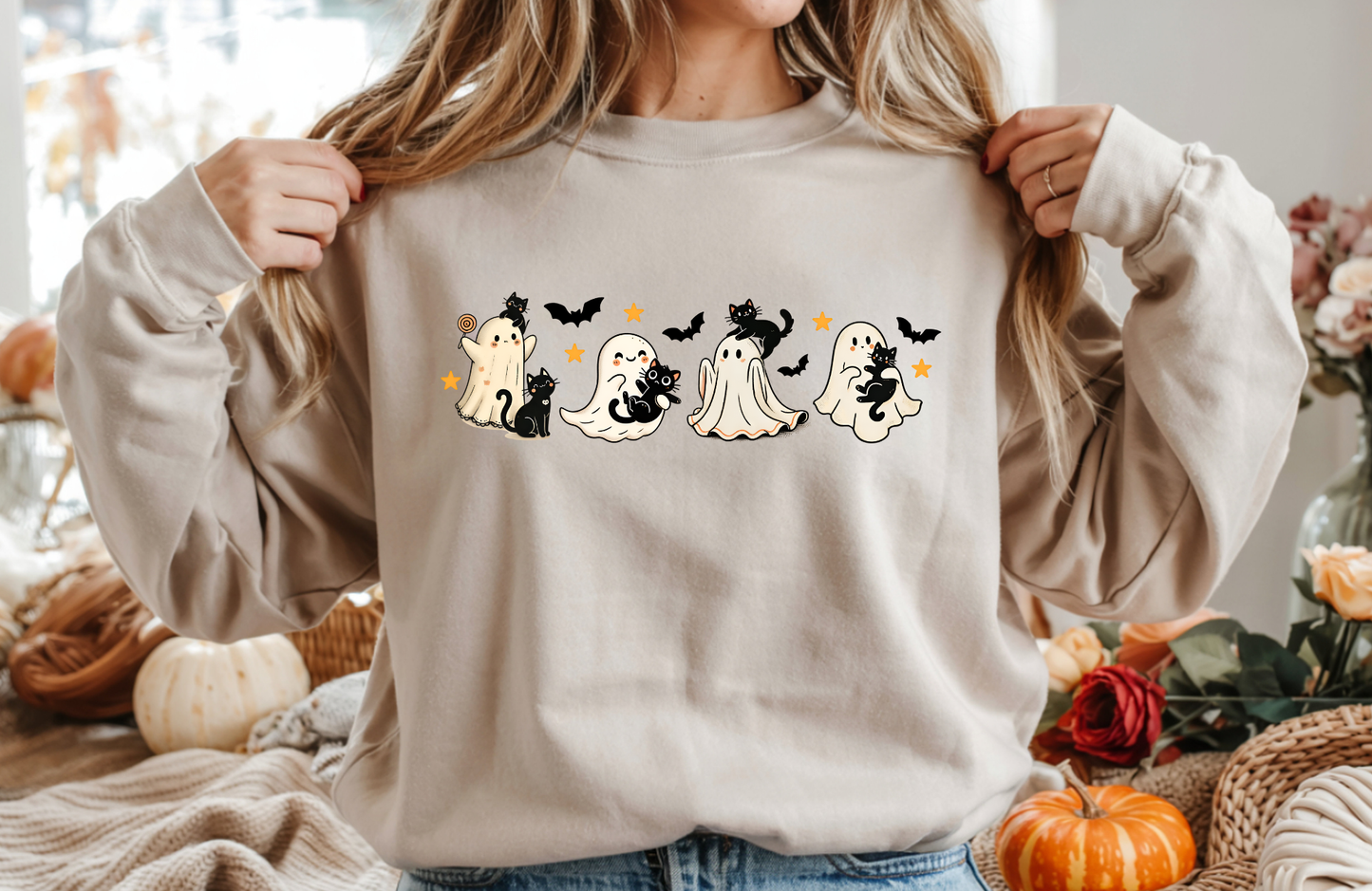 Cute Ghosts and Cats Sweatshirt – Gildan 18000 Unisex Halloween Crewneck