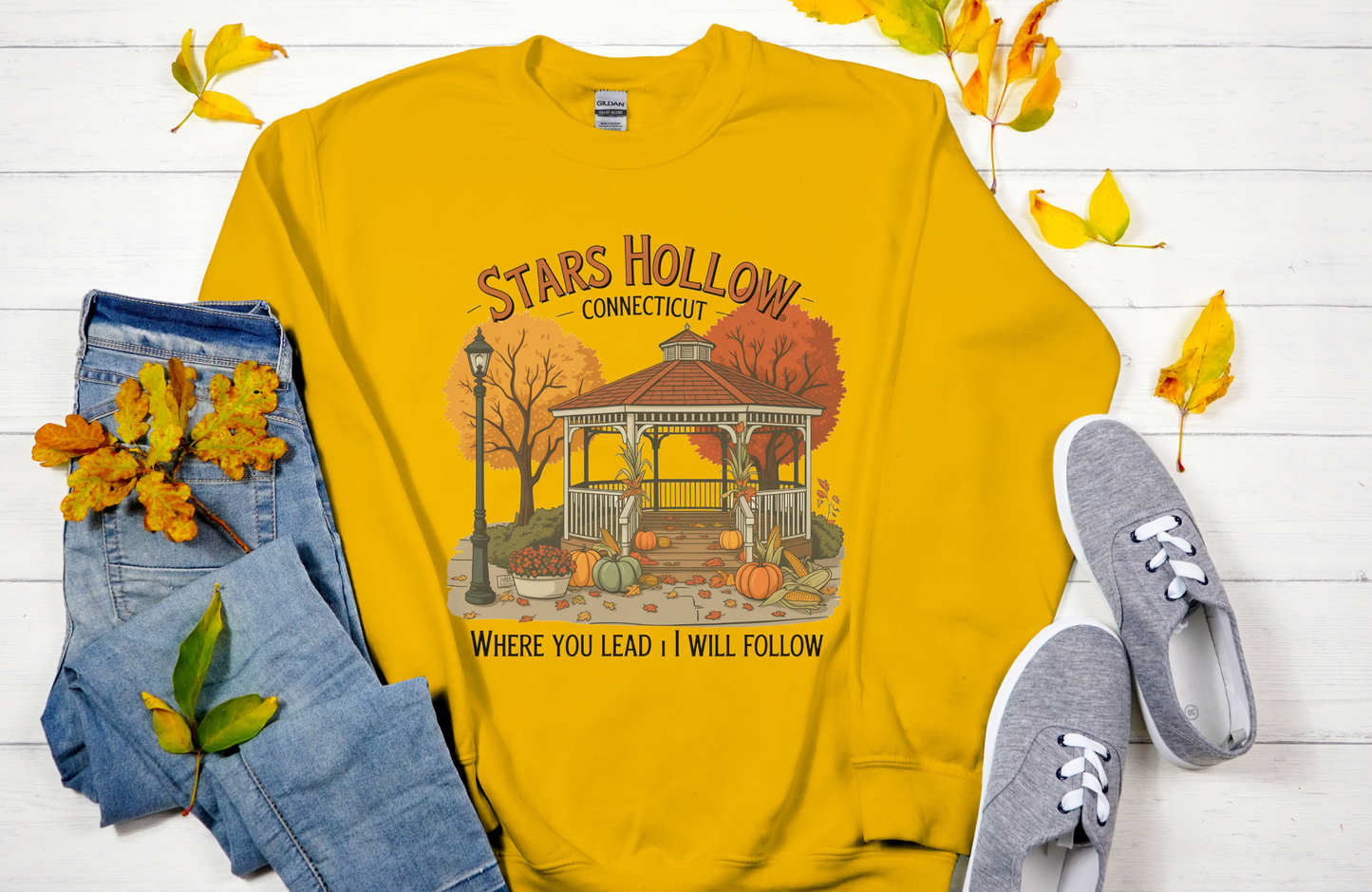 Stars Hollow Fall Scene Sweatshirt - Fall Sweatshirt- Fall Crewneck– Gildan 18000 Unisex Cozy Autumn Crewneck
