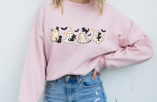 Cute Ghosts and Cats Sweatshirt – Gildan 18000 Unisex Halloween Crewneck