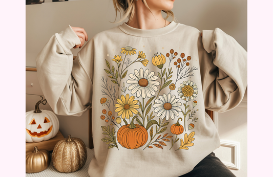 Fall Floral Pumpkin Sweatshirt – Gildan 18000 Autumn Crewneck Pullover
