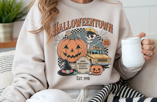 Halloweentown Sweatshirt – Gildan 18000 Unisex Halloween Crewneck with Spooky Décor Graphic