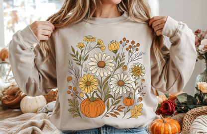 Fall Floral Pumpkin Sweatshirt – Gildan 18000 Autumn Crewneck Pullover