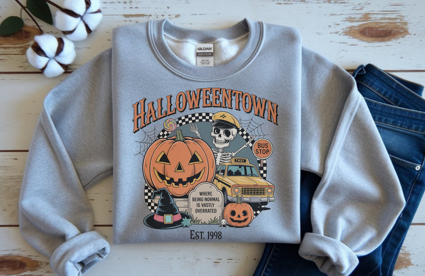 Halloweentown Sweatshirt – Gildan 18000 Unisex Halloween Crewneck with Spooky Décor Graphic