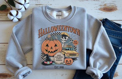 Halloweentown Sweatshirt – Gildan 18000 Unisex Halloween Crewneck with Spooky Décor Graphic