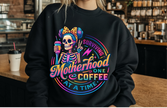Neon Skeleton Mom Sweatshirt – “Surviving Motherhood One Coffee at a Time” | Gildan 18000 Unisex Crewneck
