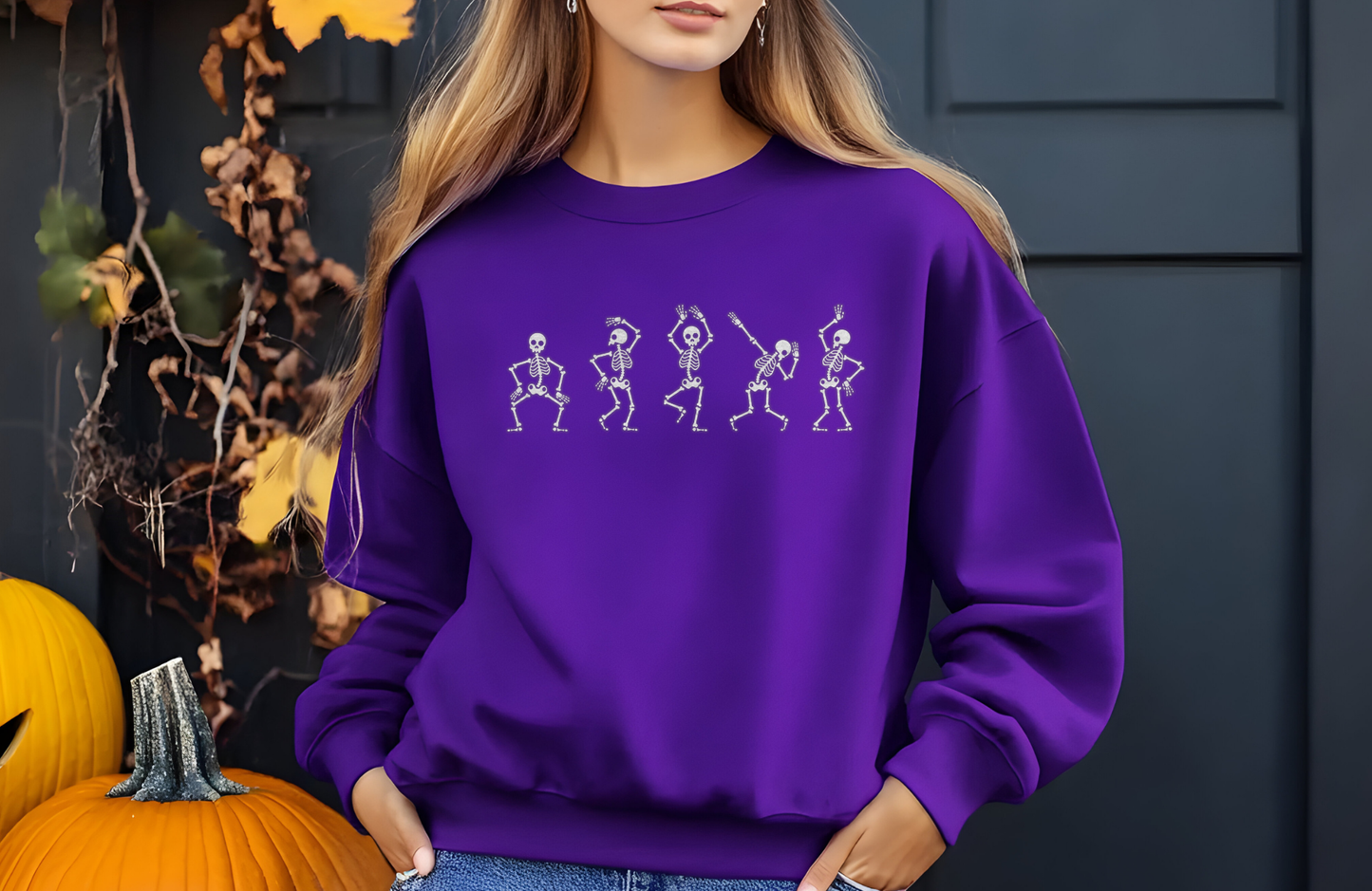 Gildan 18000 Embroidered Dancing Skeletons Sweatshirt | Cozy Unisex Halloween Crewneck