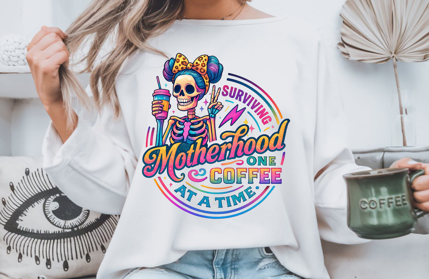 Neon Skeleton Mom Sweatshirt – “Surviving Motherhood One Coffee at a Time” | Gildan 18000 Unisex Crewneck
