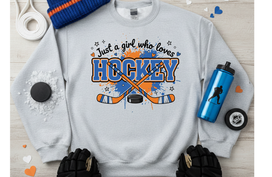 Just a Girl Who Loves Hockey Sweatshirt | Gildan 18000 Crewneck | Women’s Hockey Fan Pullover | Cozy Rink Day Sweater | Hockey Gift