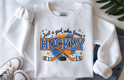 Just a Girl Who Loves Hockey Sweatshirt | Gildan 18000 Crewneck | Women’s Hockey Fan Pullover | Cozy Rink Day Sweater | Hockey Gift