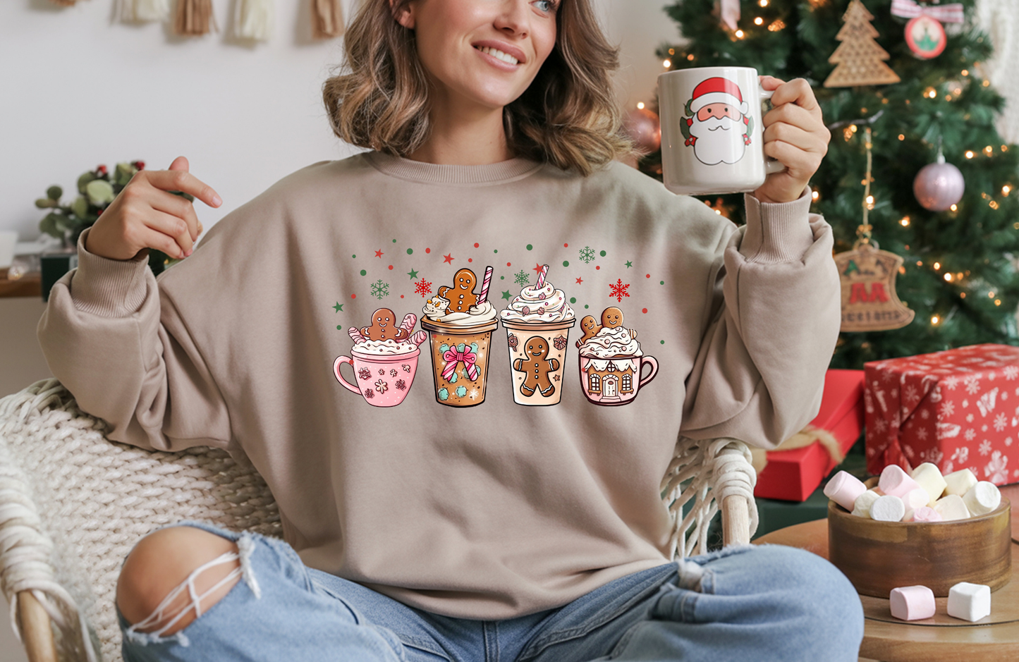 Pink Gingerbread Coffee Sweatshirt – Gildan 18000 Christmas Crewneck