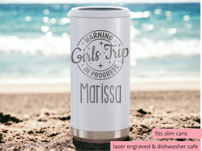 Girls Trip Slim Can Cooler – Laser Engraved, Insulated, Personalized Bachelorette or Girls Weekend Favor
