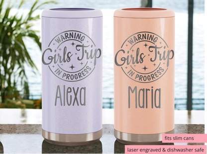 Girls Trip Slim Can Cooler – Laser Engraved, Insulated, Personalized Bachelorette or Girls Weekend Favor