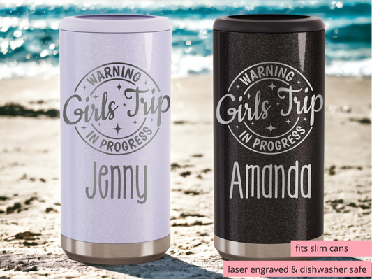Girls Trip Slim Can Cooler – Laser Engraved, Insulated, Personalized Bachelorette or Girls Weekend Favor