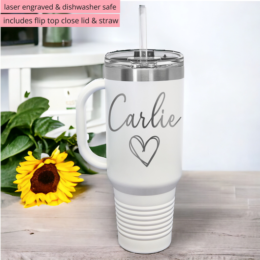 40 oz Insulated Tumbler with Handle – Personalized Engraved Cup | Dishwasher Safe | Slide Lid & Straw | Fits Cup Holders