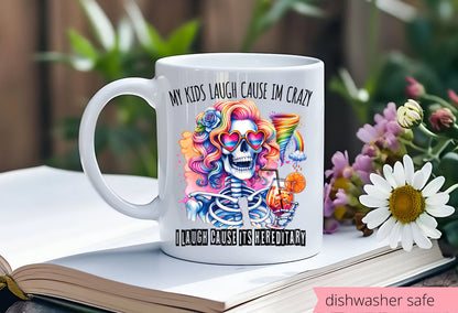 Funny Mom Mug – 15 oz Ceramic Coffee Cup, Colorful Skeleton, “My Kids Laugh Because I’m Crazy” Sublimated
