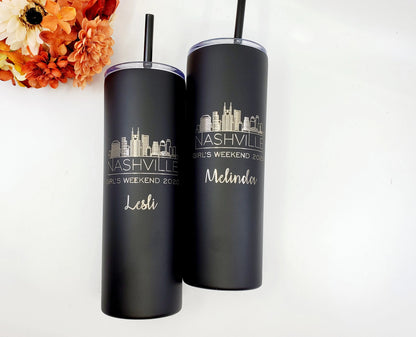 City Skyline Tumbler – Nashville Bachelorette, 20 oz Skinny Laser Engraved, Personalized Bachelorette or Birthday Party Favor