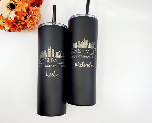 City Skyline Tumbler – Nashville Bachelorette, 20 oz Skinny Laser Engraved, Personalized Bachelorette or Birthday Party Favor