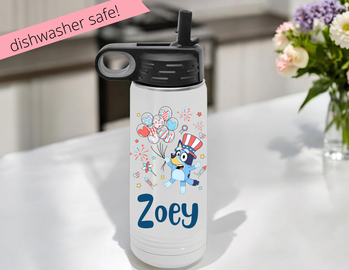 Bluey & Mickey Balloons Personalized 20oz Water Bottle – Sublimated Stainless Steel Kids Bottle with Straw