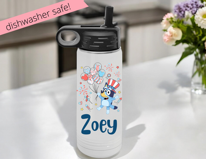 Bluey & Mickey Balloons Personalized 20oz Water Bottle – Sublimated Stainless Steel Kids Bottle with Straw