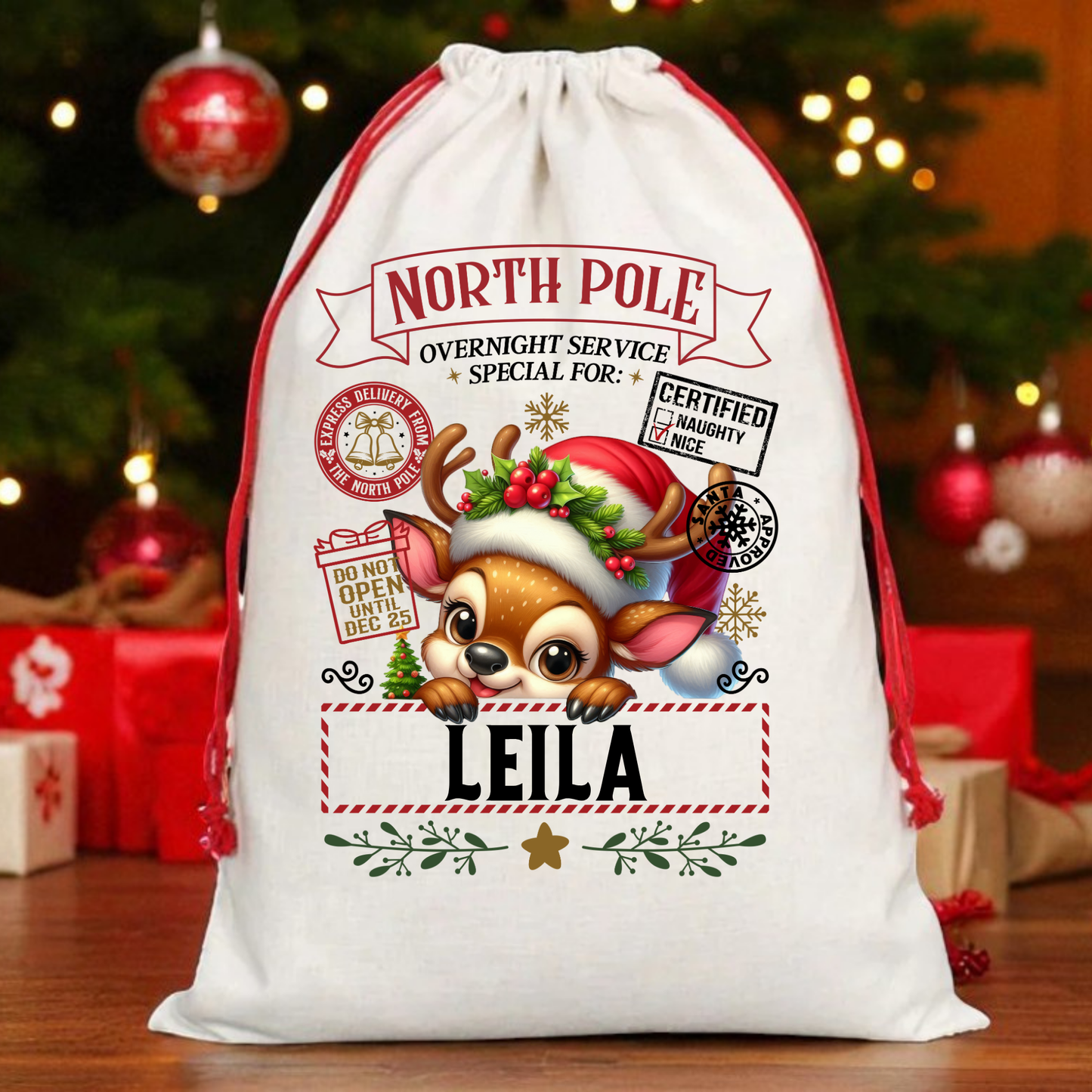 Personalized Christmas Gift Sack with Red Drawstring – Large 19.6" x 28" Santa Sack