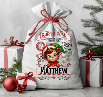 Personalized Christmas gift bag with elf design and text on a white background with festive decorations.
