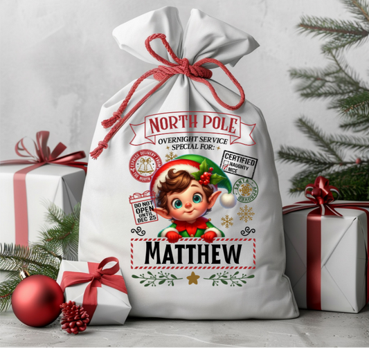Personalized Christmas gift bag with elf design and text on a white background with festive decorations.