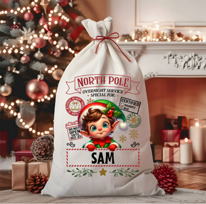 Personalized Santa sack with festive design in a Christmas setting