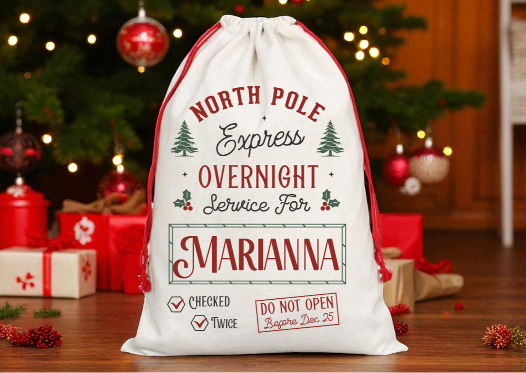 Personalized Christmas Gift Sack with Red Drawstring – Large 19.6" x 28" Santa Sack