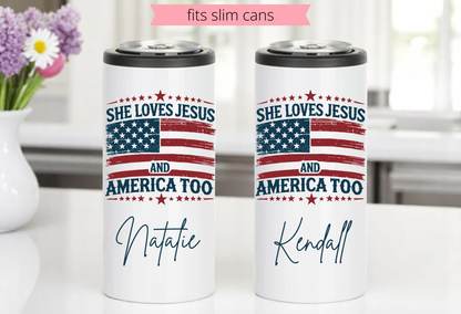 Fourth of July Slim Can Coozie, Slim Can Cooler, Seltzer Can Holder, Beverage Holder, America and Jesus