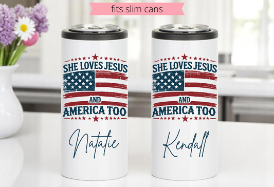 Fourth of July Slim Can Coozie, Slim Can Cooler, Seltzer Can Holder, Beverage Holder, America and Jesus