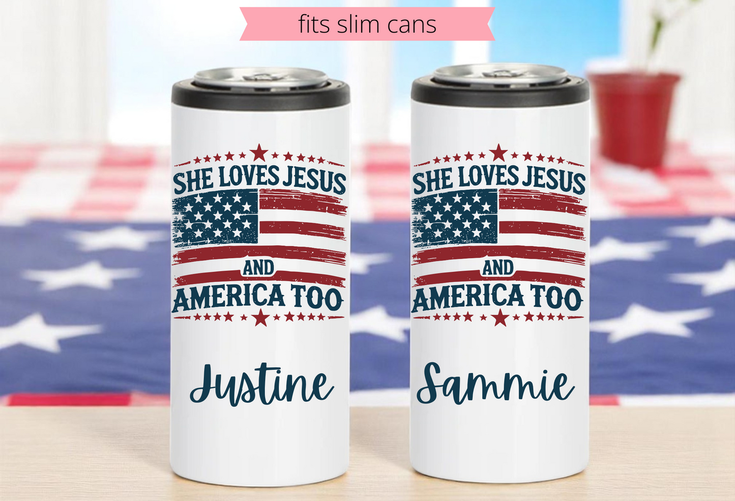 Fourth of July Slim Can Coozie, Slim Can Cooler, Seltzer Can Holder, Beverage Holder, America and Jesus